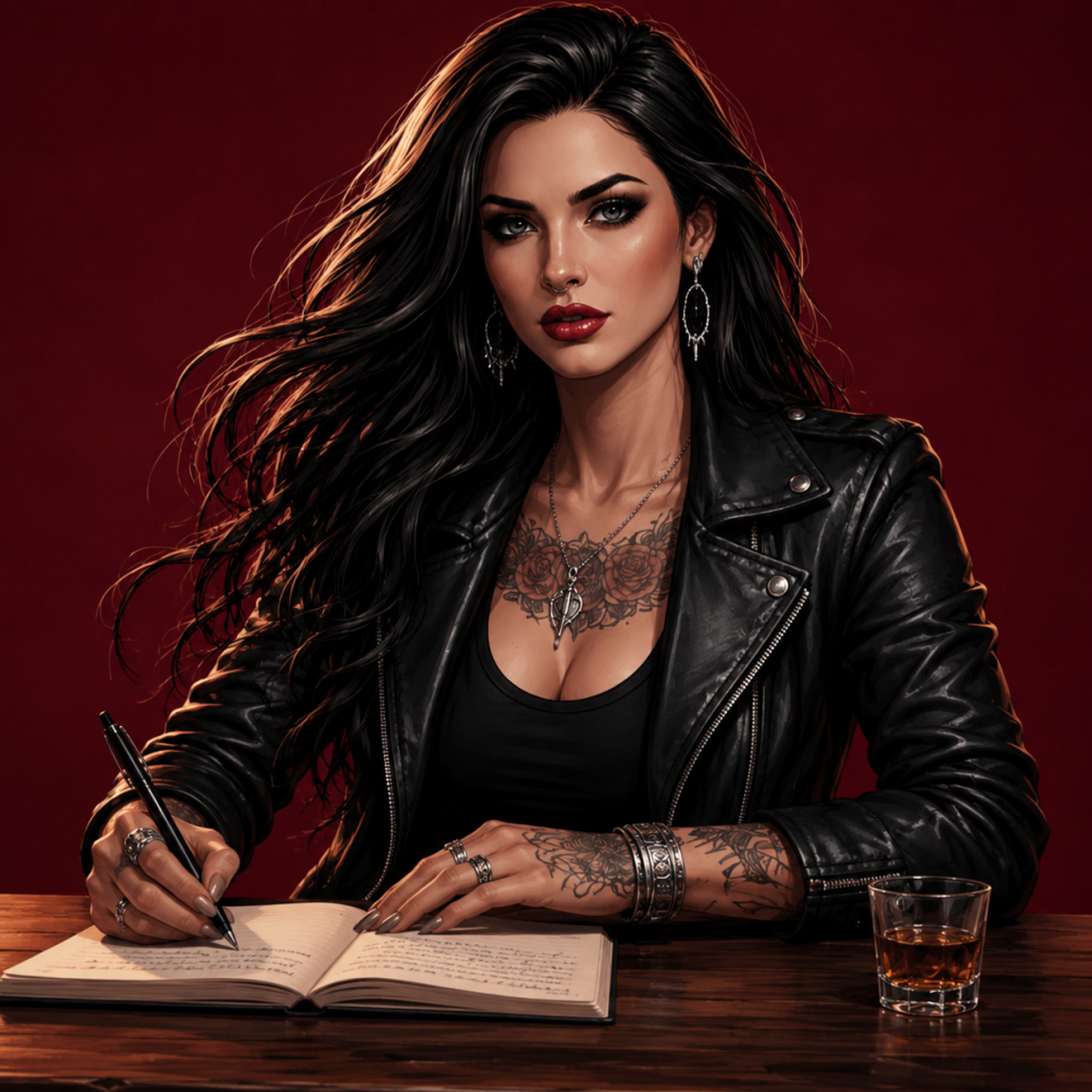 An illustration image of Nyx Diamond writing in her journal for the about page