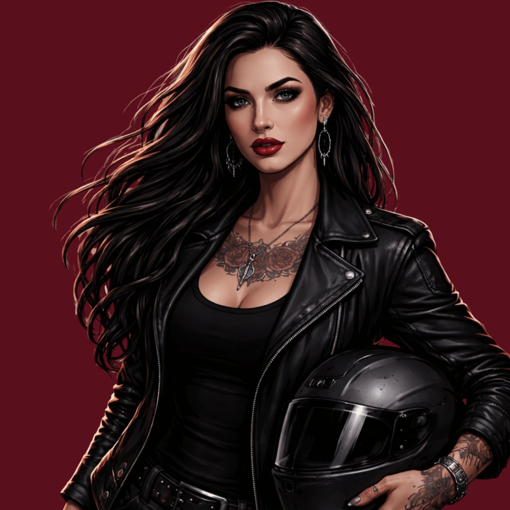 illustration of Nyx Diamond carrying a helmet on blood red background for about page