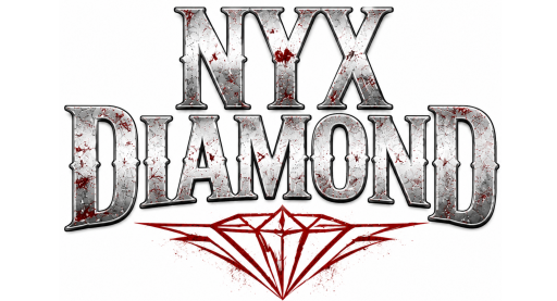 Nyx Diamond logo on white background bold silver with red splatter lettering and red diamond